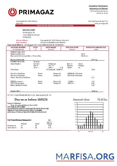 Downloadable Denmark Primagaz Denmark gas business utility bill in word and pdf formats download for verification
